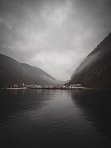 Preview wallpaper lake, slope, houses, fog, sky