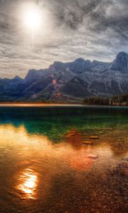 Preview wallpaper lake, smooth surface, surface, water, transparent, colors, paints, mountains, bushes