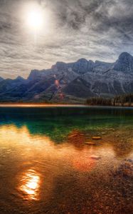 Preview wallpaper lake, smooth surface, surface, water, transparent, colors, paints, mountains, bushes