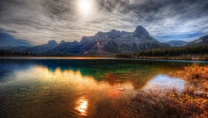 Preview wallpaper lake, smooth surface, surface, water, transparent, colors, paints, mountains, bushes