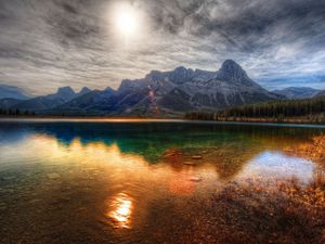 Preview wallpaper lake, smooth surface, surface, water, transparent, colors, paints, mountains, bushes