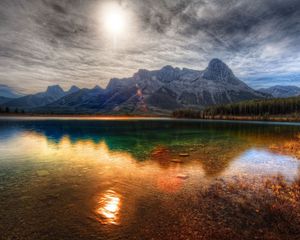 Preview wallpaper lake, smooth surface, surface, water, transparent, colors, paints, mountains, bushes