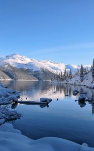 Preview wallpaper lake, snow, mountain, shore, winter, nature