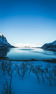 Preview wallpaper lake, snow, mountains, sky, trees, coast, winter