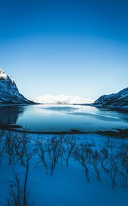 Preview wallpaper lake, snow, mountains, sky, trees, coast, winter