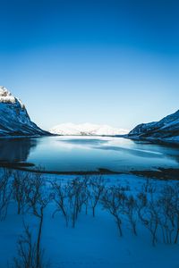 Preview wallpaper lake, snow, mountains, sky, trees, coast, winter