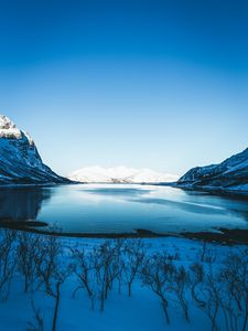 Preview wallpaper lake, snow, mountains, sky, trees, coast, winter