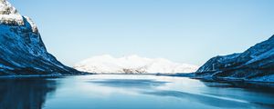 Preview wallpaper lake, snow, mountains, sky, trees, coast, winter