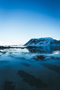 Preview wallpaper lake, snow, mountains, sky, winter, snowy