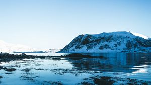 Preview wallpaper lake, snow, mountains, sky, winter, snowy