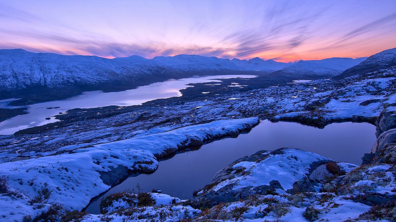 Wallpaper lake, snow, winter, evening