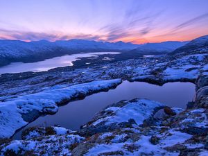 Preview wallpaper lake, snow, winter, evening