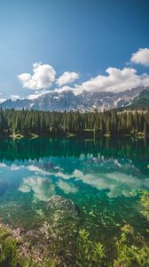 Preview wallpaper lake, spruce, mountains, rocks, reflection