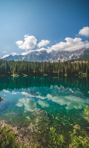 Preview wallpaper lake, spruce, mountains, rocks, reflection