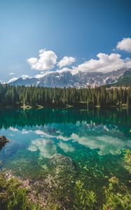 Preview wallpaper lake, spruce, mountains, rocks, reflection