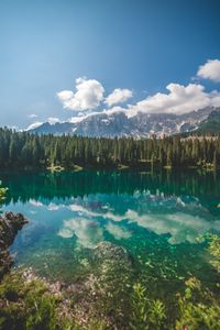 Preview wallpaper lake, spruce, mountains, rocks, reflection