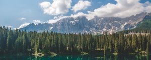 Preview wallpaper lake, spruce, mountains, rocks, reflection