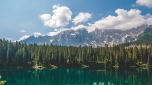 Preview wallpaper lake, spruce, mountains, rocks, reflection
