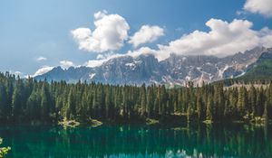 Preview wallpaper lake, spruce, mountains, rocks, reflection
