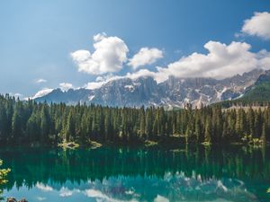 Preview wallpaper lake, spruce, mountains, rocks, reflection