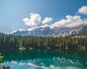 Preview wallpaper lake, spruce, mountains, rocks, reflection