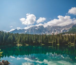 Preview wallpaper lake, spruce, mountains, rocks, reflection