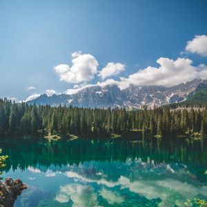 Preview wallpaper lake, spruce, mountains, rocks, reflection
