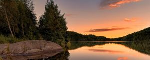 Preview wallpaper lake, spruce, trees, stone, sunset, plants