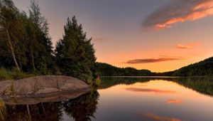 Preview wallpaper lake, spruce, trees, stone, sunset, plants