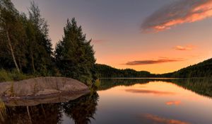 Preview wallpaper lake, spruce, trees, stone, sunset, plants