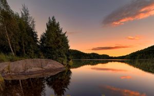 Preview wallpaper lake, spruce, trees, stone, sunset, plants