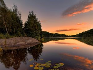 Preview wallpaper lake, spruce, trees, stone, sunset, plants