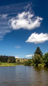 Preview wallpaper lake, spruce, trees, sky, clouds