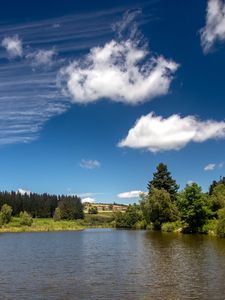 Preview wallpaper lake, spruce, trees, sky, clouds