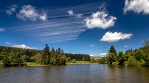Preview wallpaper lake, spruce, trees, sky, clouds