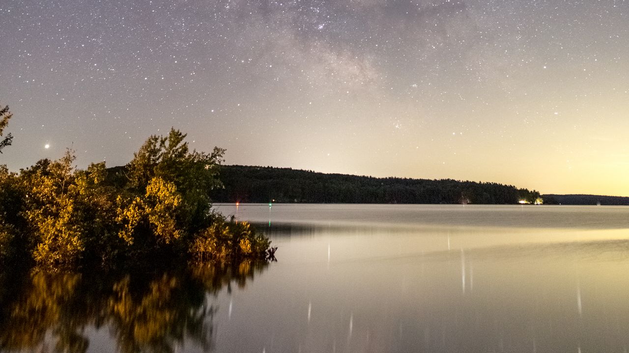 Wallpaper lake, starry sky, reflection, night, nature