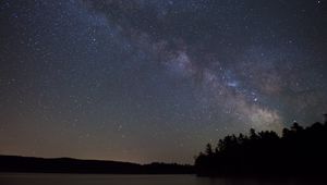 Preview wallpaper lake, starry sky, trees, silhouettes, dark, night
