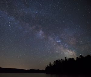 Preview wallpaper lake, starry sky, trees, silhouettes, dark, night