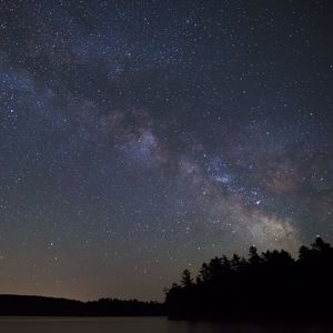 Preview wallpaper lake, starry sky, trees, silhouettes, dark, night