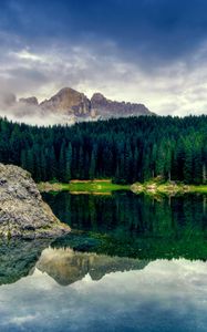Preview wallpaper lake, stone, block, middle, surface of the water, mountains, wood, coniferous