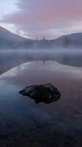 Preview wallpaper lake, stone, fog, mountains, reflection, landscape