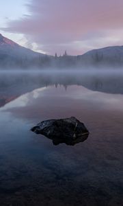 Preview wallpaper lake, stone, fog, mountains, reflection, landscape