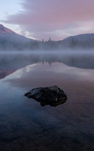 Preview wallpaper lake, stone, fog, mountains, reflection, landscape