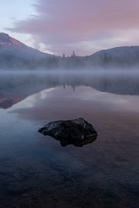 Preview wallpaper lake, stone, fog, mountains, reflection, landscape