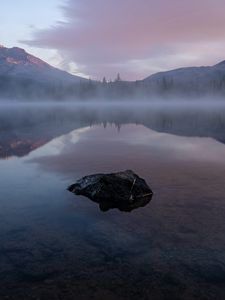 Preview wallpaper lake, stone, fog, mountains, reflection, landscape