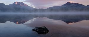 Preview wallpaper lake, stone, fog, mountains, reflection, landscape