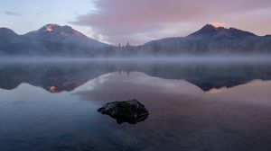 Preview wallpaper lake, stone, fog, mountains, reflection, landscape