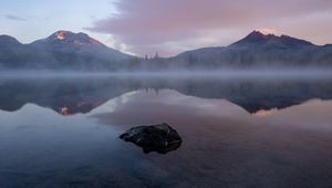 Preview wallpaper lake, stone, fog, mountains, reflection, landscape