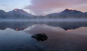 Preview wallpaper lake, stone, fog, mountains, reflection, landscape