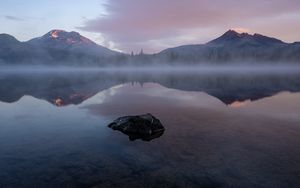 Preview wallpaper lake, stone, fog, mountains, reflection, landscape